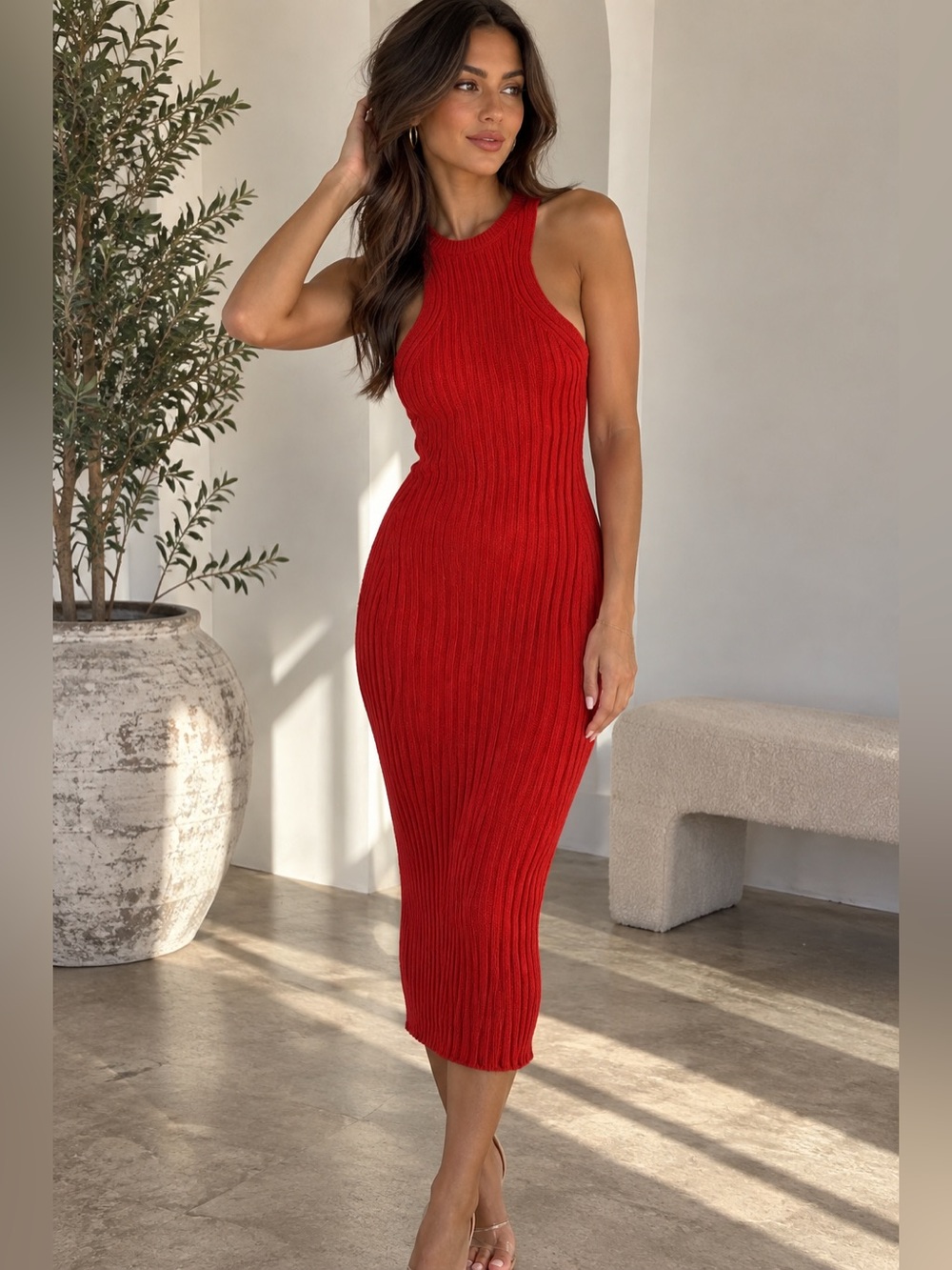 Urban Outfitters Red Ribbed Knit Fitted Midi Dress XXS 2XS